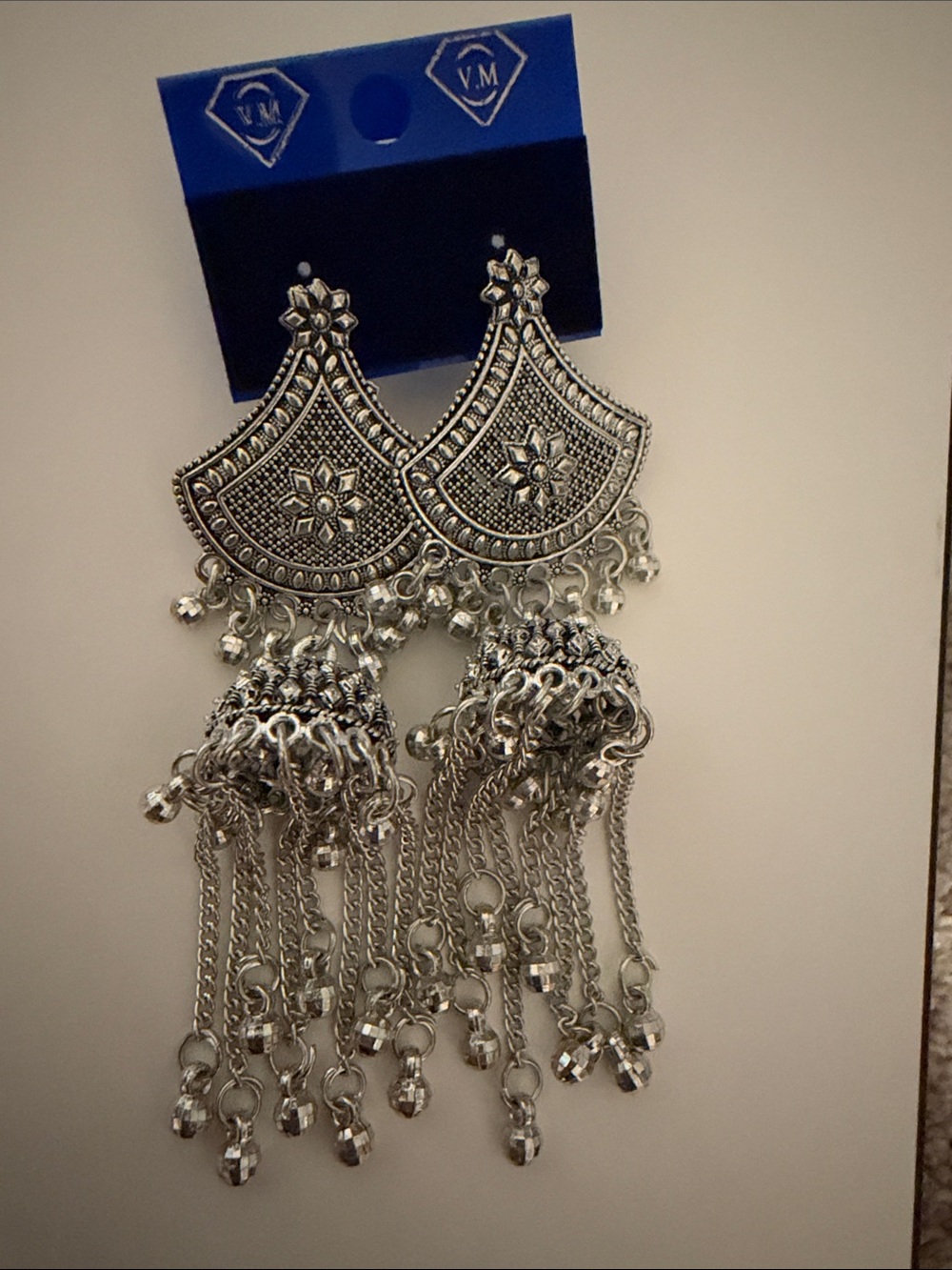 VM Silver-Tone Floral Filigree Jhumka Earrings with Chain Tassels